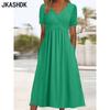 Женские модные летние весенние однотонные повседневные платья с коротким рукавом и v-образным вырезом со средней талией