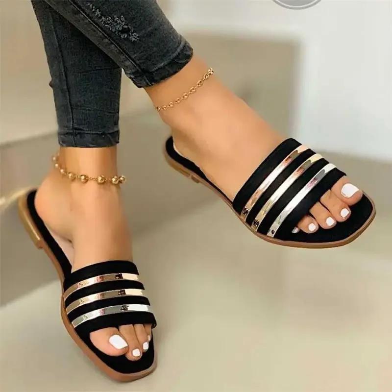Fashion Women's Slippers New Summer Striped Metal Flat Shoes Fashion Slip On Slides Women's Sandals Casual Outdoor Women Plus Size 43