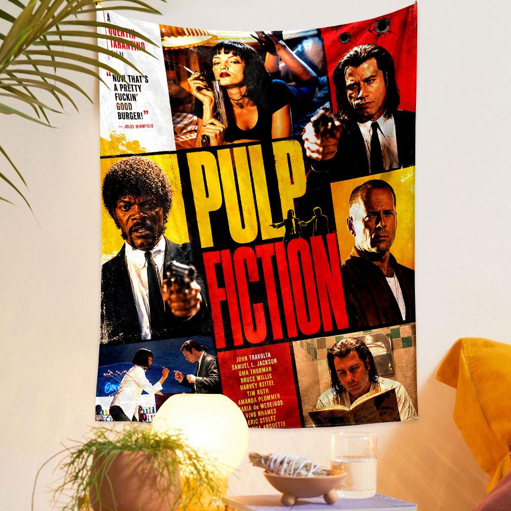 A vibrant collage of characters, bold colors, and "Pulp Fiction" text. Patterned tapestry for bedroom and living room home decor