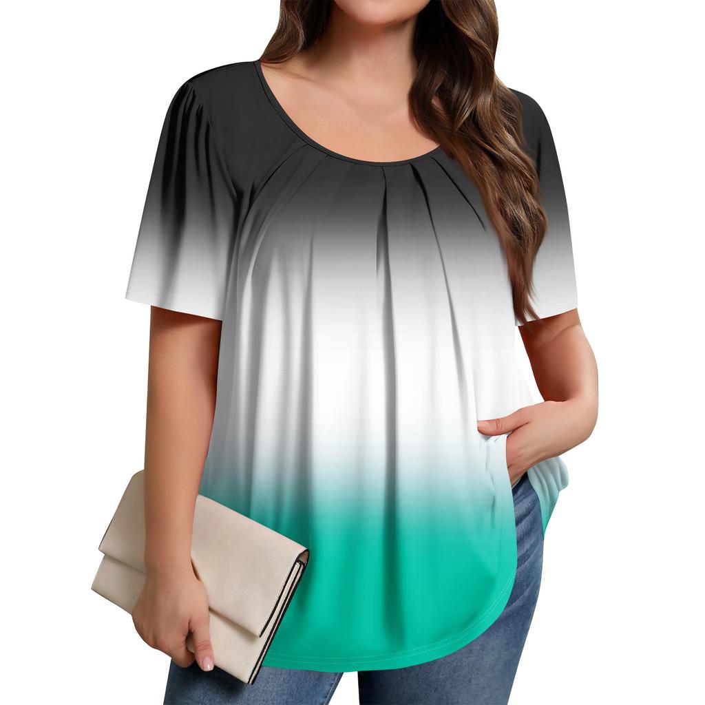 Плюс Размер Женский Повседневный Круглый Вырез Плиссированный Короткий Рукав Однотонный Топ