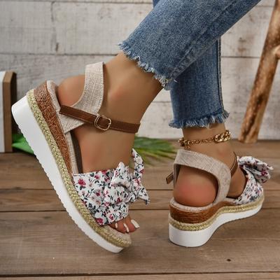 Новые сандалии на платформе с подошвой из пеньковой веревки, с цветком-бабочкой, женские летние сандалии с ремешком на щиколотке, с открытым носком, на танкетке