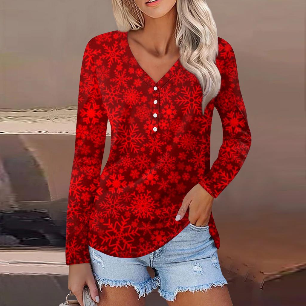 Women's Casual Fashion Sexy Comfort Christmas Printed V-Neck Button Long Sleeve