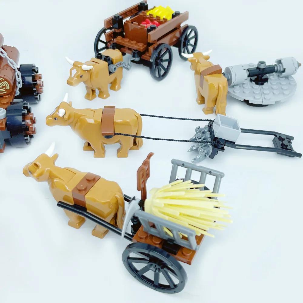 Building Toy Set - Animal Moc Farm Scene With Plowing Bull - Educational Construction Blocks For Kids