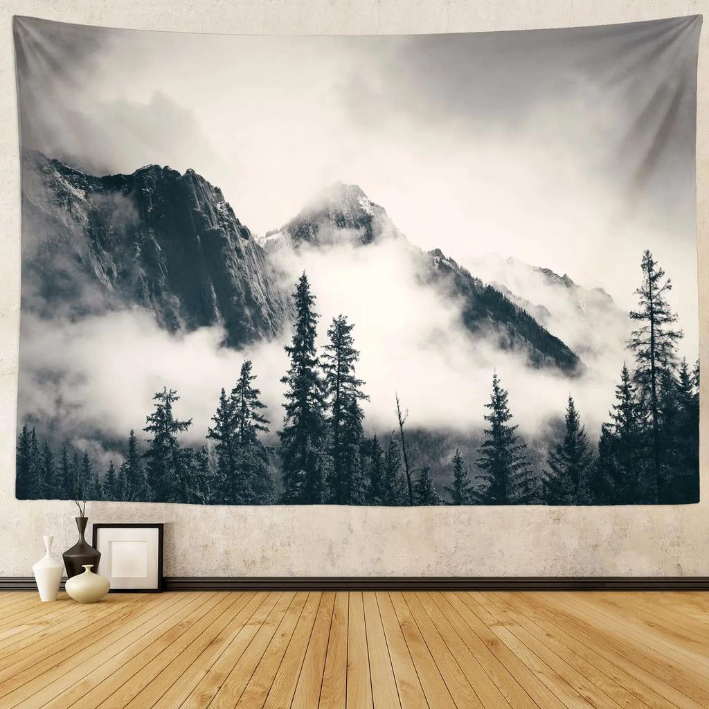 VIKAMA Misty Forest Tapestry Gradient Blue Pine Forest Nordic Minimalist Style Living Room Room Decoration