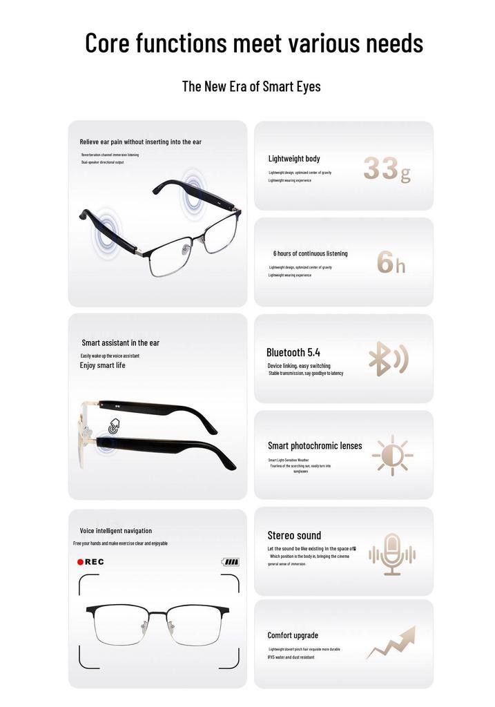 Smart Bluetooth Glasses GS06: Metal Frame, Magnetic Charging, Photochromic Lenses, Stereo Sound.