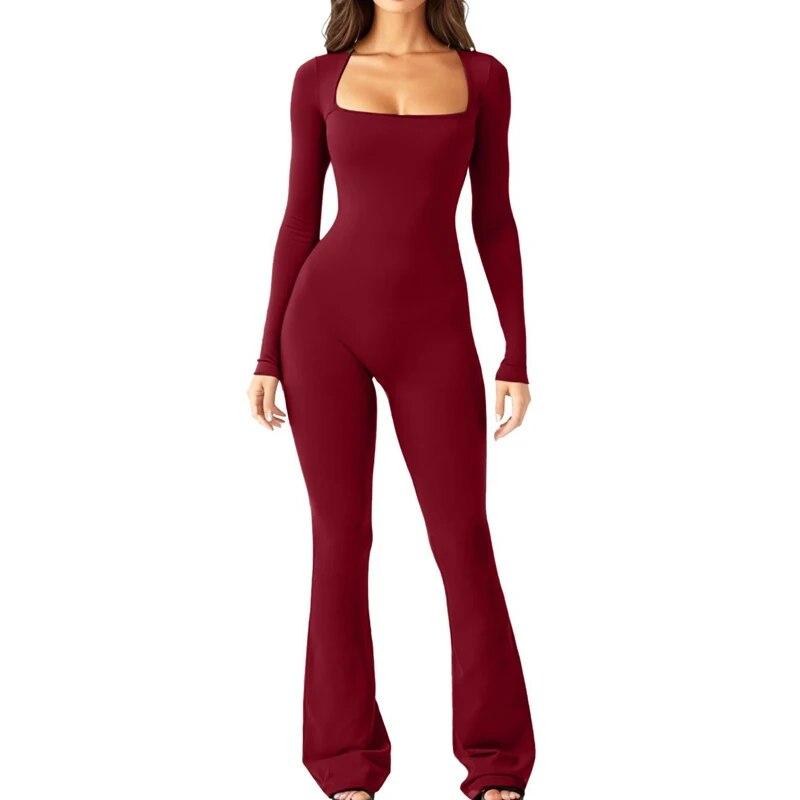 2024 Long Sleeve Square Collar Skinny Wide Leg Women Jumpsuits High Elastic Fashion Bodysuit Casual Solid Color Clothes 30648