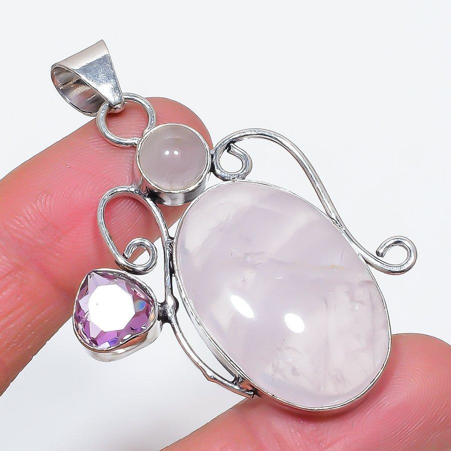 Подвеска из стерлингового серебра 925 пробы с розовым кварцем и кунцитом, 2,36 дюйма, G5T67