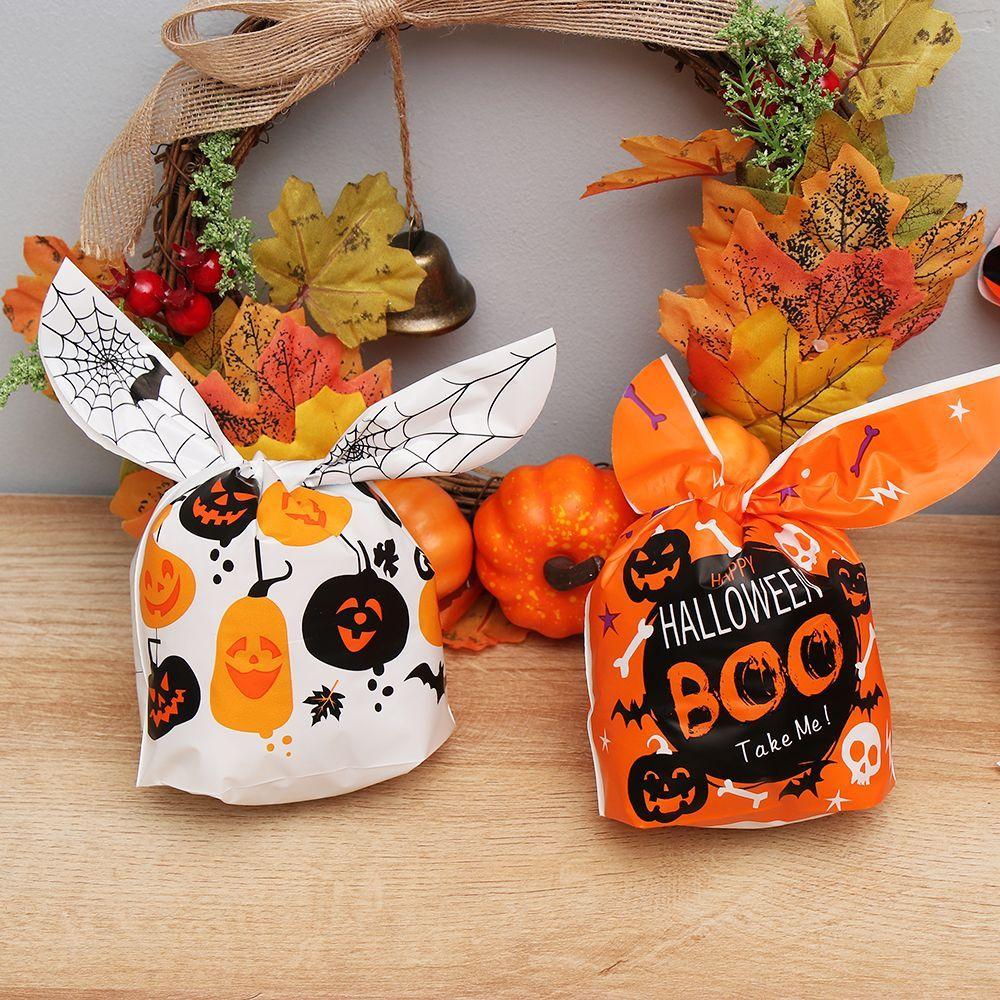 50Pcs Bat Pumpkin Halloween Decoration Cookie Bag Rabbit Ear Halloween Candy Bags Baking Packaging
