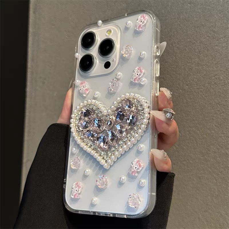 Diamond Love Pearl Cartoon KT Rose Phone Case for IPhone 15 Promax Transparent for Apple 16 Women