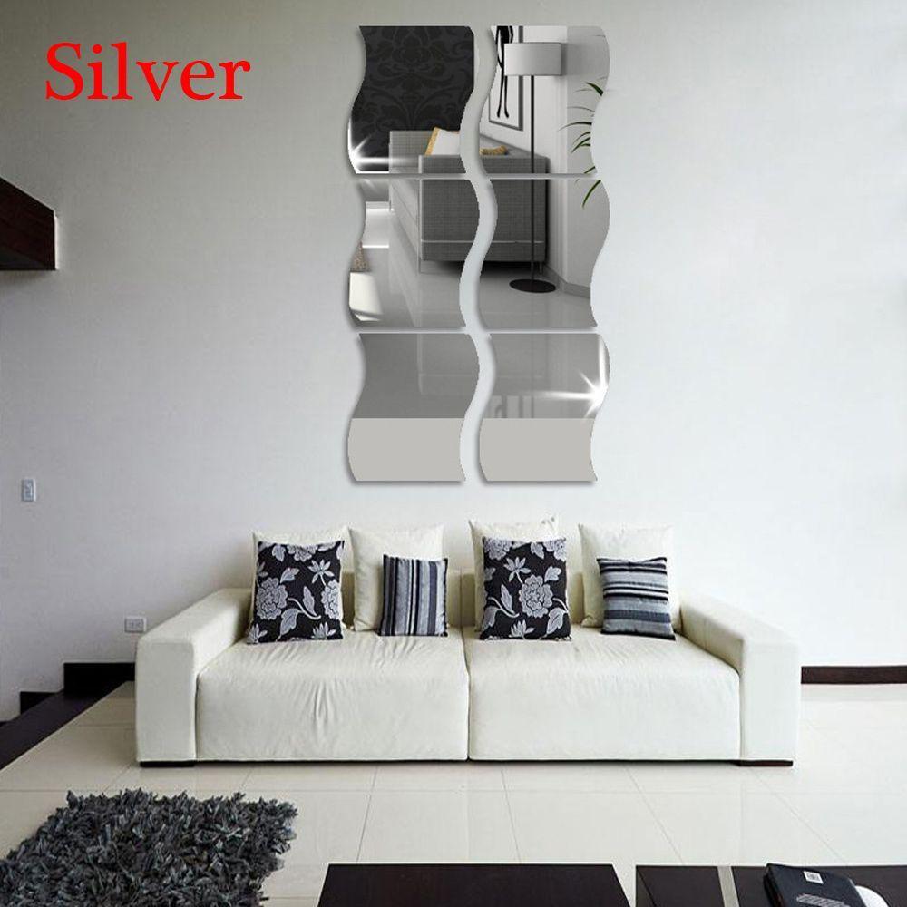 6Pcs Removable Acrylic 3D Wave Mirror Wall Sticker Home Decor Mural Decals
