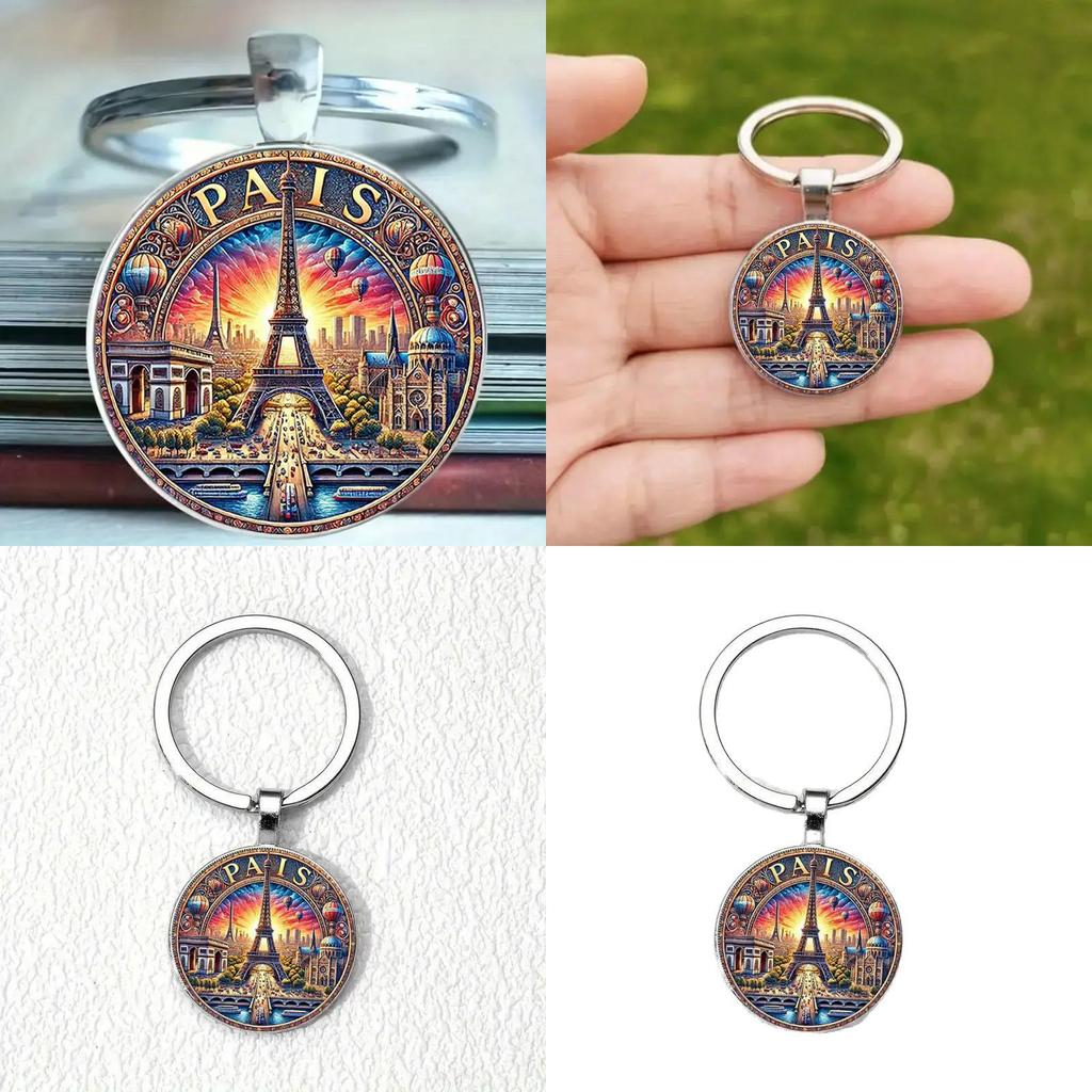 Paris Sunset Scene Keychain With Glass Pendant For Gift And Decoration