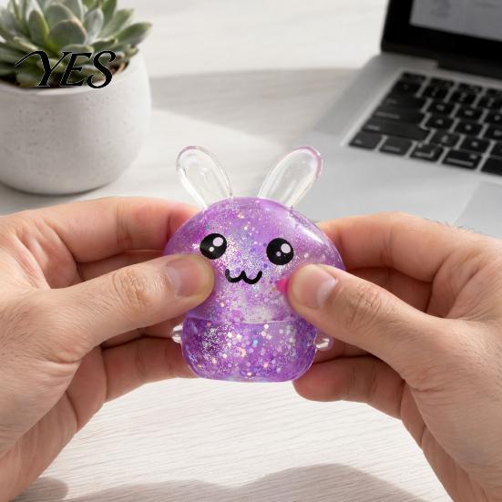 Rabbit Stress Toy 2Pcs Glitter Relief Toy, Stretchy Clear Bunny Squeeze TPR Ball Animal Shape Fidget Party Favors for Kids Adults Lightweight Reducer