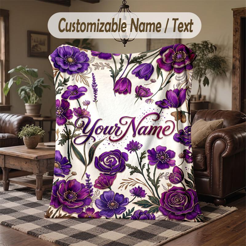 Purple Floral Art Theme Throw Blanket Custom Name Text Personalized Blanket Soft Cozy Blanket for Home Sofa Bed