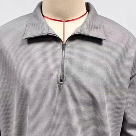 Мужской свитшот, вафельная текстура, длинный рукав, молния до середины, классический отложной воротник, пуловер, однотонный, свободный крой, повседневный спортивный топ