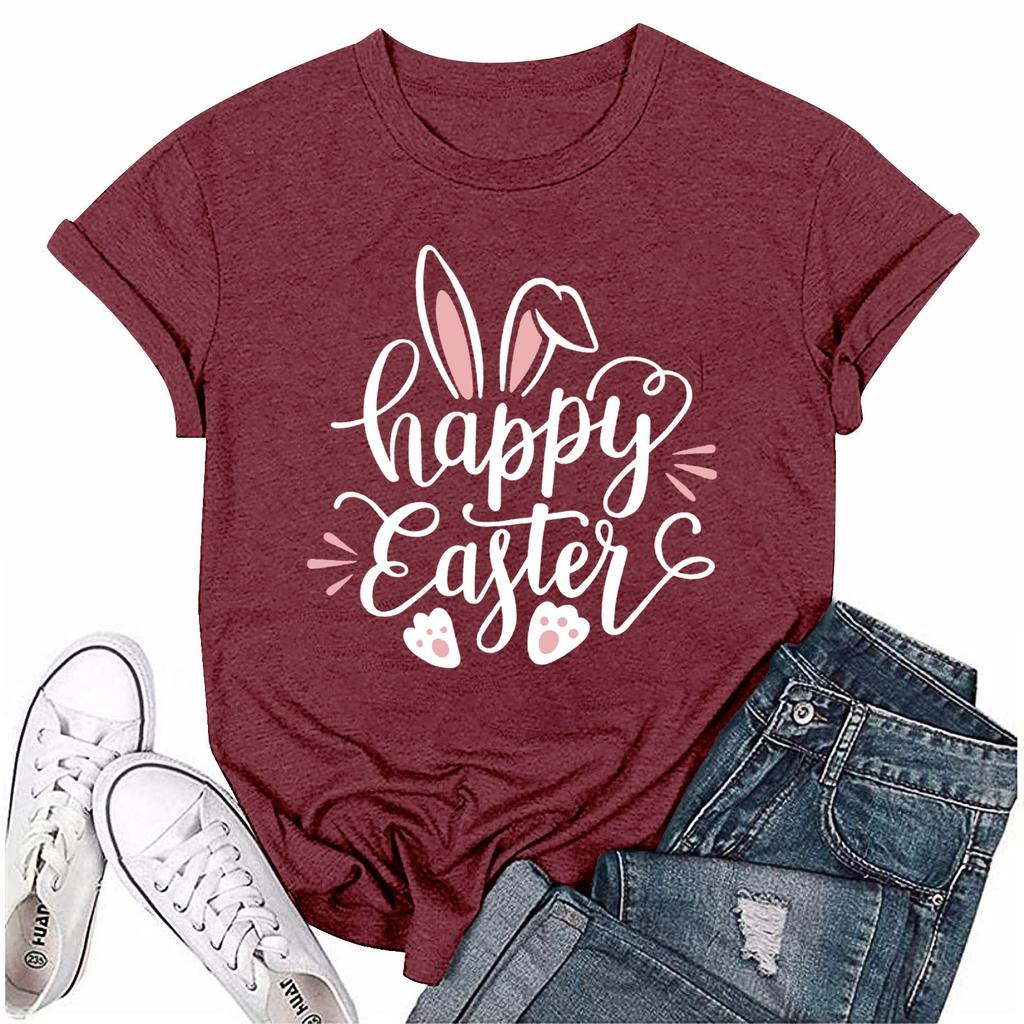 Женская модная пасхальная принтованная повседневная плиссированная круглая футболка с коротким рукавом