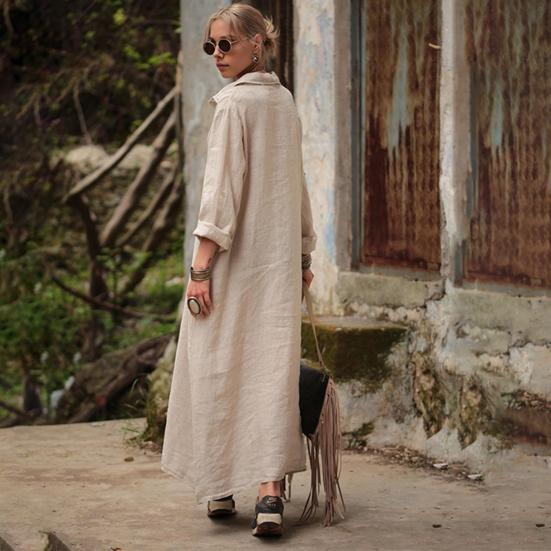 Летнее платье-макси с воротником и длинными рукавами. Кардиган OL. Однобортный однобортный свободный цвет. Повседневная одежда с отложным воротником.