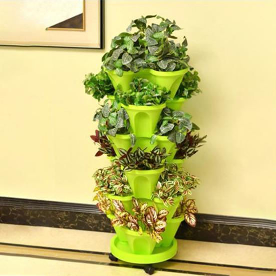 6-уровневая штабелируемая вертикальная кашпо башня для внутреннего и наружного садового хозяйства с подвижными колесами и нижним поддоном для клубники