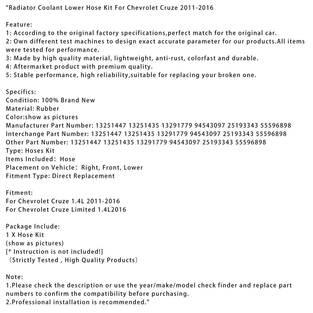 Radiator Coolant Lower Hose Kit For Chevrolet Cruze 2011-2016