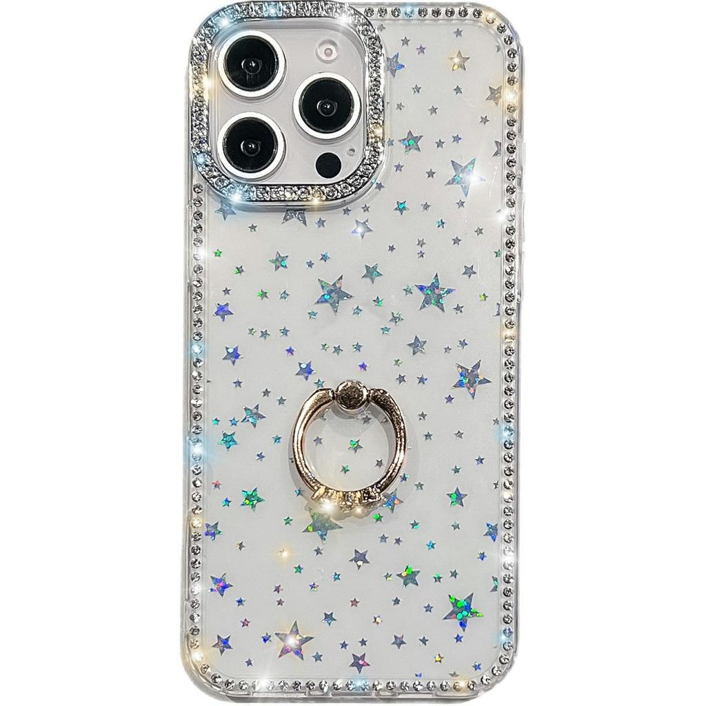 For iPhone 15 Pro Case with Ring Kickstand Rhinestone Edge TPU+PC IMD Phone Cover