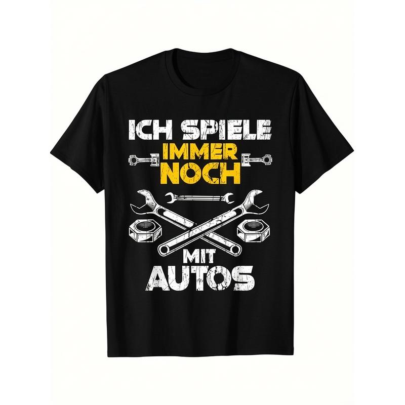 Men'S Car Mechanic T-Shirt With German Text Ich Spiel Noch Mit Autos (I Still Play With Cars) & Automotive Tools Graphic - Casual Short Sleeve Round