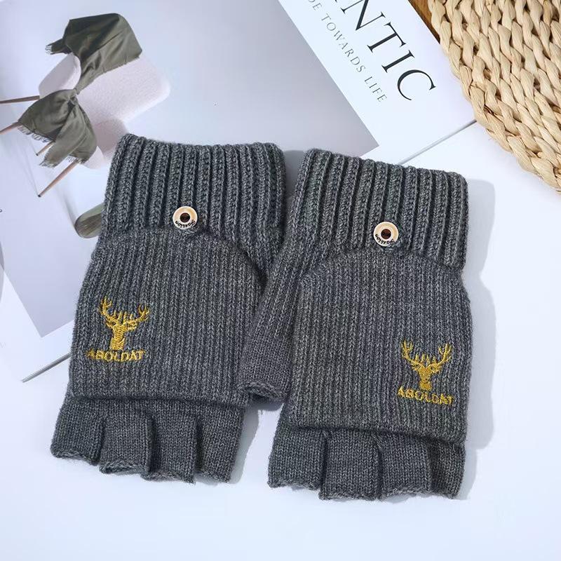 Зимние вязаные перчатки мужские полупальцевые для езды на велосипеде на открытом воздухе плюс бархатные теплые вышитые рога сенсорный экран полупальцевый чехол-книжка