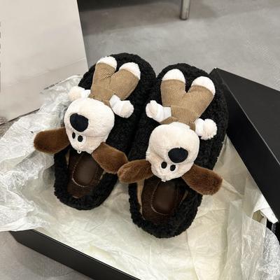 Плюшевые хлопковые тапочки-мопы на толстой подошве, новые милые мультяшные тапочки с плюшевой мордочкой, женская уличная обувь на осень и зиму 2025