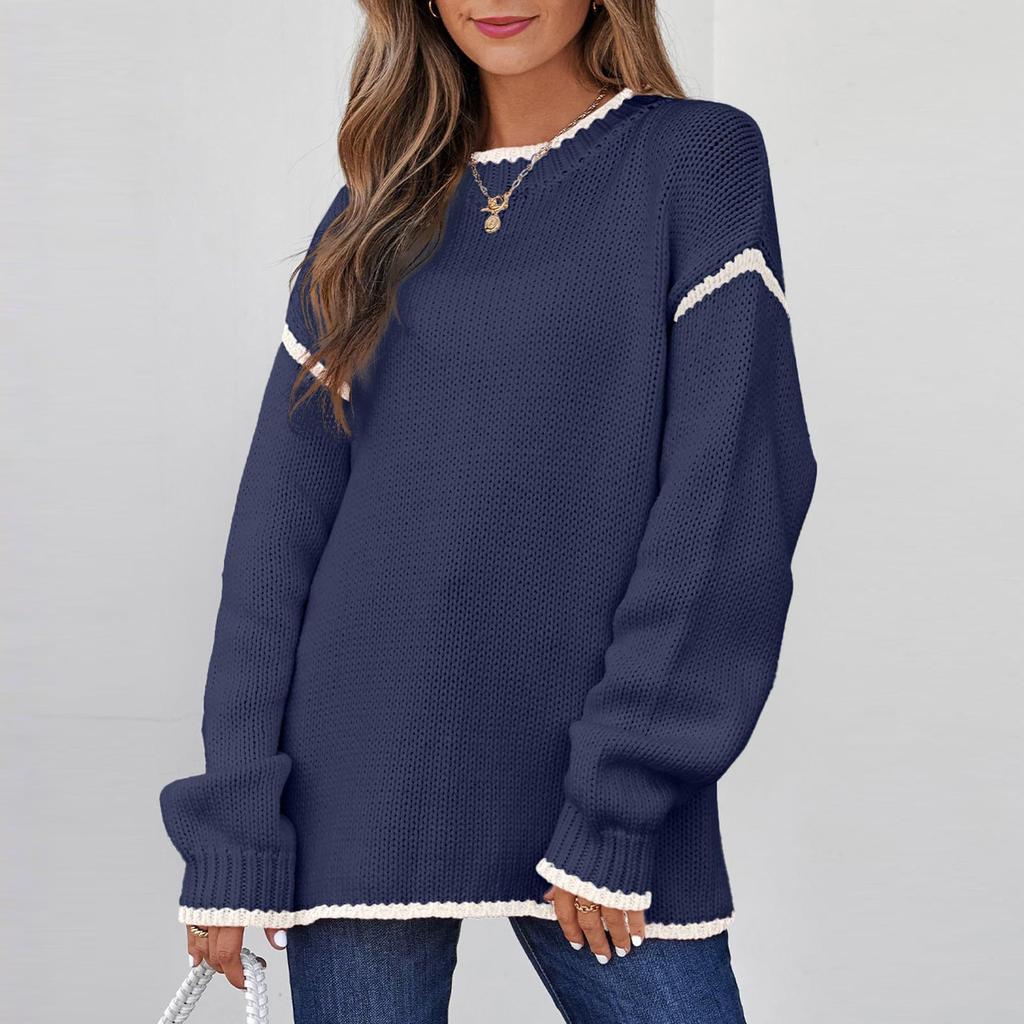 Women's Fashion Color Blocked Round Neck Long Sleeved Knitted Sweater Pullover Sweater Top