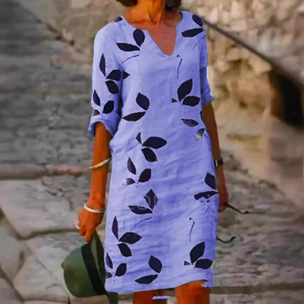 Платье-пуловер из хлопка и льна с принтом в европейском и американском ретро-стиле - Элегантная юбка средней длины