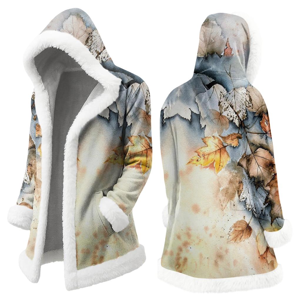 Unisex Casual And Fashionable Plush Collar Hooded Long Sleeved Floral Gradient Printing Jacket