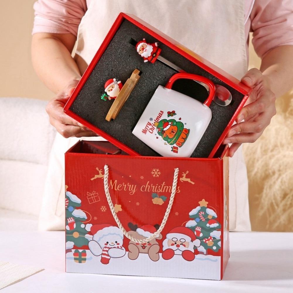 New Merry Christmas Mug Gift Box Ceramic Red Green Cup Spoon Set Party Accessories Wooden Lids Coffee Cup Teaspoon Home Use