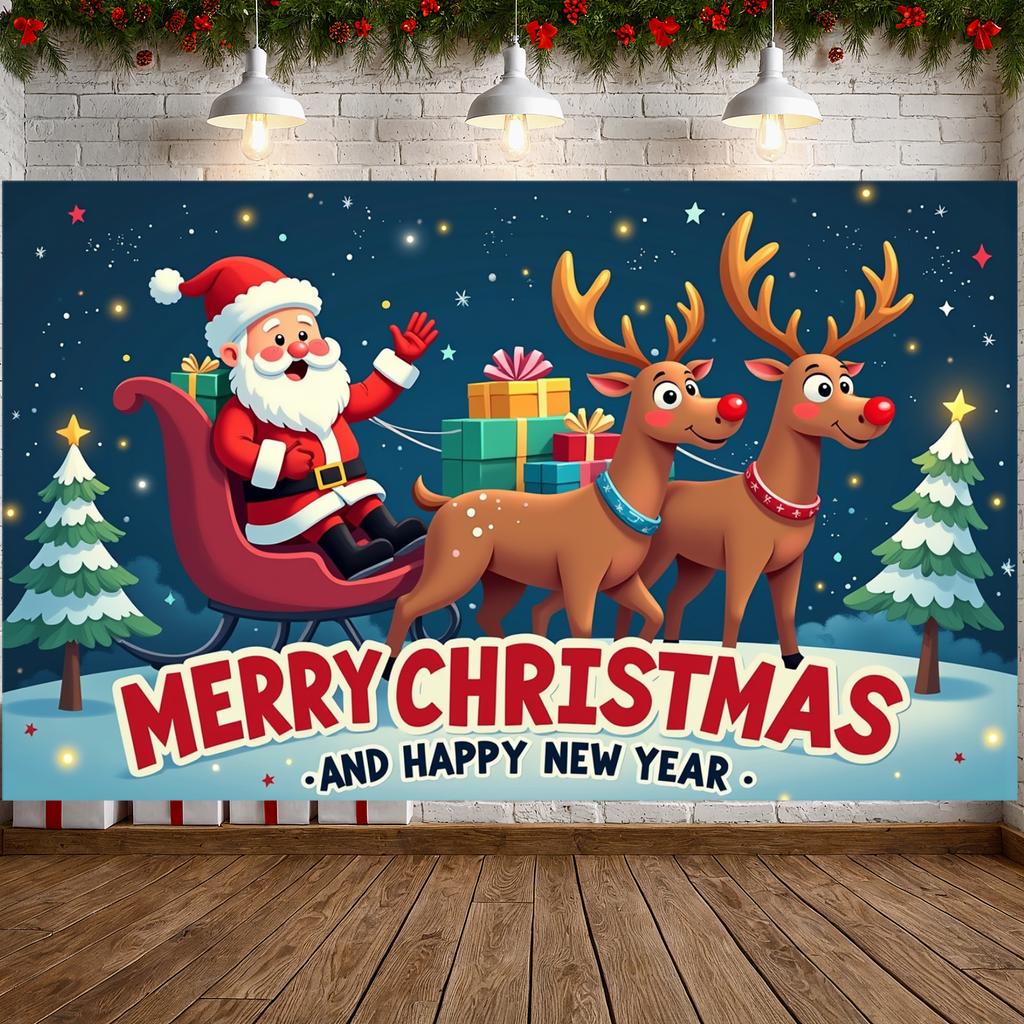 Holiday Banner Santa Claus Theme Santa Sleigh Backdrop Reindeer Backdrop Gift Box Decoration Christmas Tree Background