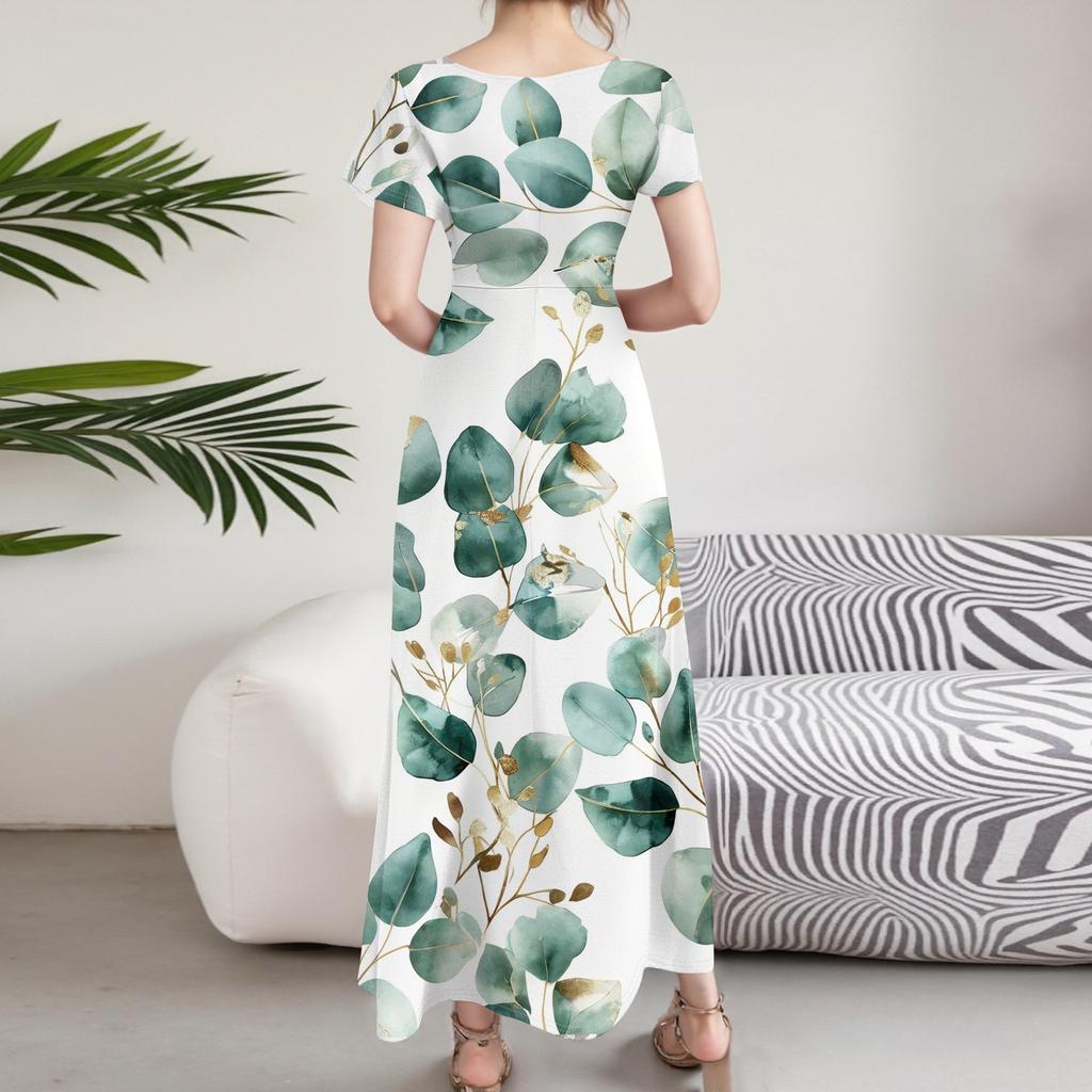 Женские повседневные модные длинные платья с принтом, платья с V-образным вырезом и коротким рукавом