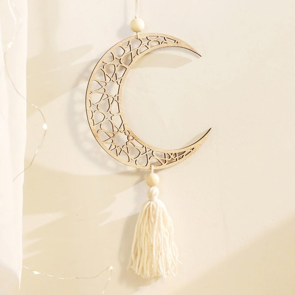 with Tassels Moon Star Hollow Mesh Wall Decor Wooden Handicraft Pendant  Ramadan Celebration