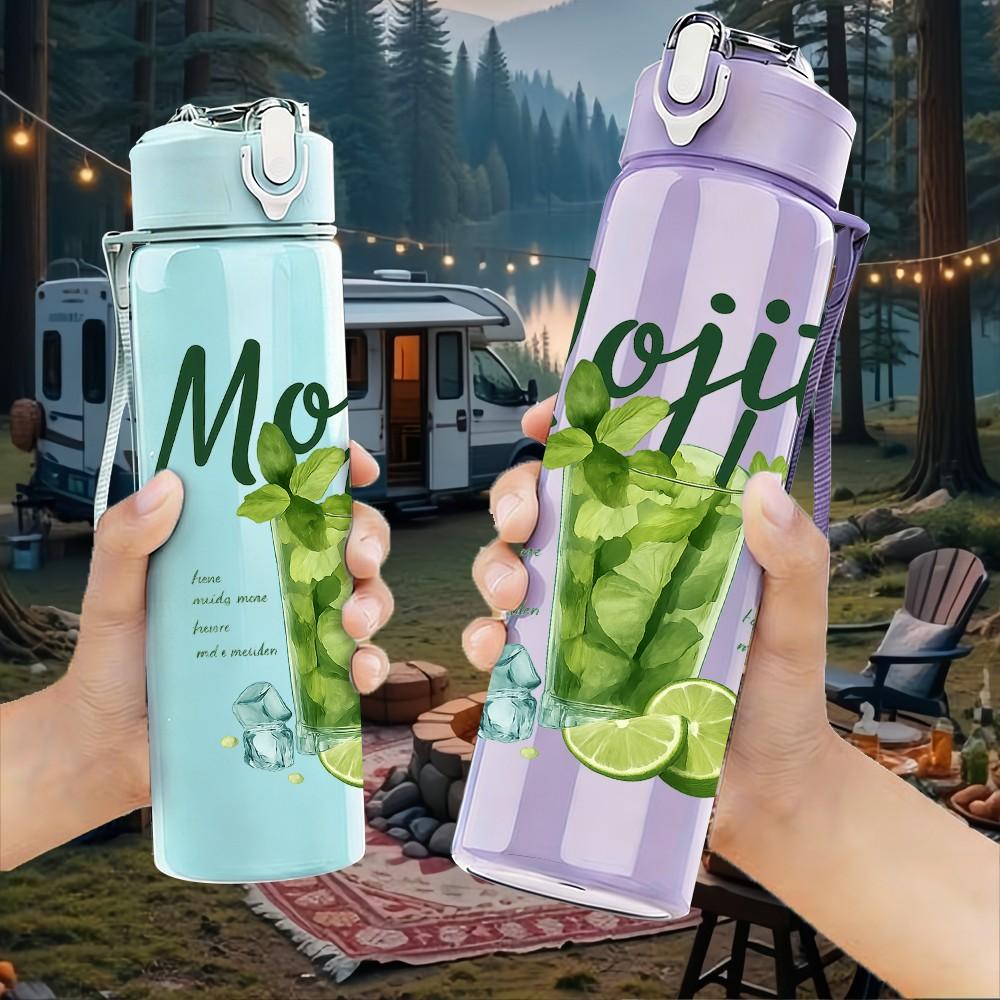 1PC Mojito Cocktail Letter Art 750ml Color Plastic Sports Water Bottle Leakproof Flip Straw Lid Suitable for Sports Office Home Use