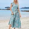 Bohemian Floral Print Sleeveless V-neck A-Line Dress High Waist Lace Up Casual Summer Beach Vacation Ankle-Length Women Dress