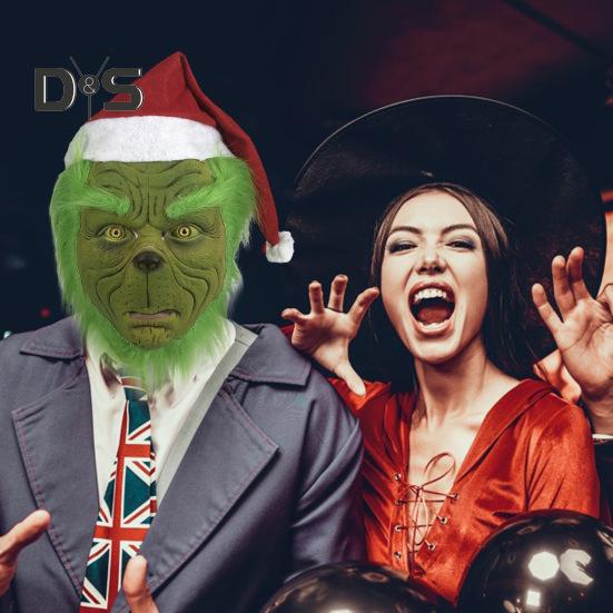 Christmas Face Cushion Realistic Latex Green Head Cover Santa Claus Cosplay Costume Christmas Party Accessories for Adults Teens