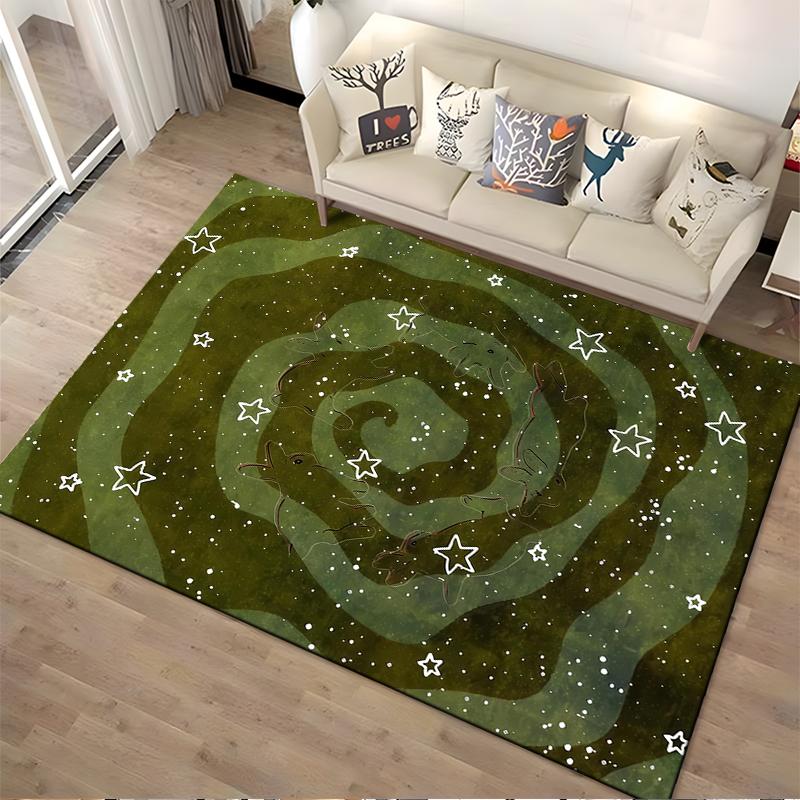 Green Spiral Galaxy Pattern Carpet with Stars and Animal Design Suitable for use as an anti-slip for living room bedroom sofas