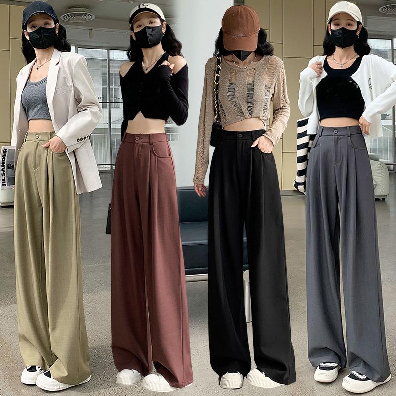 Модные новые женские прямые широкие брюки с высокой талией, простые офисные женские однотонные повседневные брюки, свободные элегантные облегающие женские брюки с карманами 25625