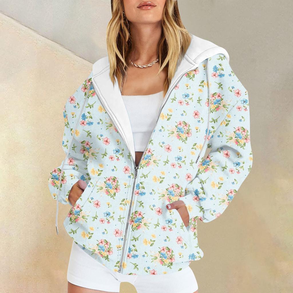 Женская мода повседневная спортивная одежда с цветочным принтом на осень и зиму с длинными рукавами и карманами, куртка-кардиган с капюшоном на молнии, куртка