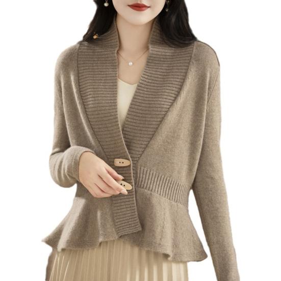 Women Sweater Coat V-Neck Long Sleeve Ruffle Hem Knitting Sweater Solid Color Slim Fit Waist Tight