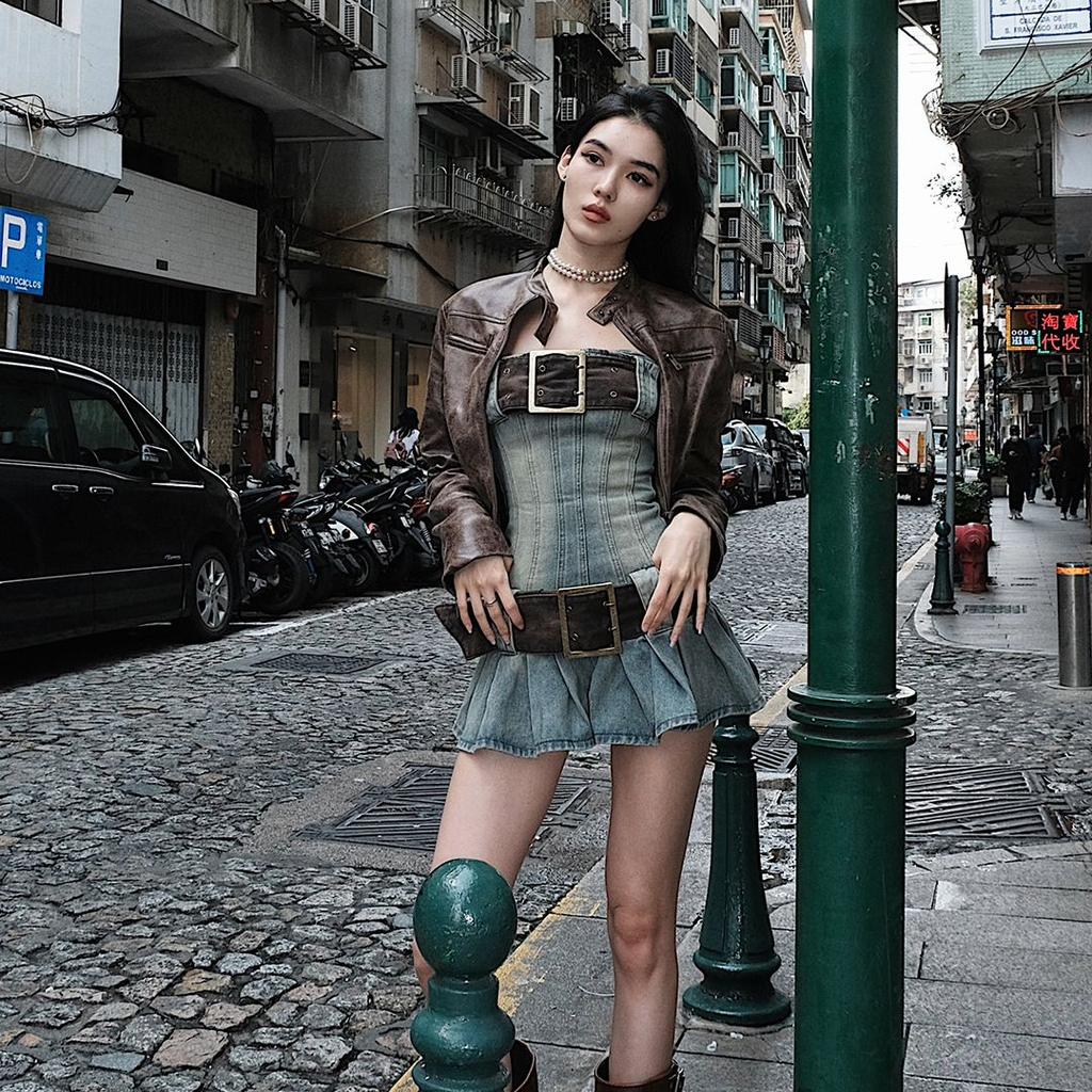 Винтажное джинсовое платье без бретелек Y2k, женское летнее облегающее сексуальное корейское модное плиссированное мини-платье с поясом 2000-х годов, уличная одежда