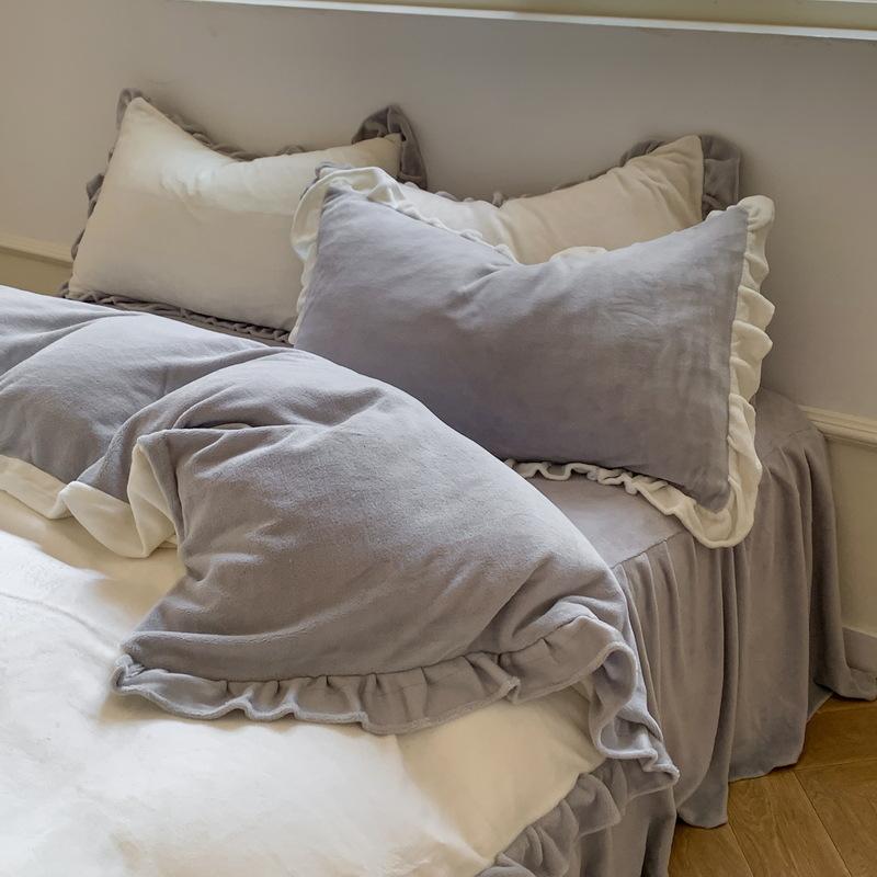 Ins Solid Milk Velvet Four Piece Lace Coral Velvet Quilt Cover Thickened Warm Bed Sheet Flannel Bedding