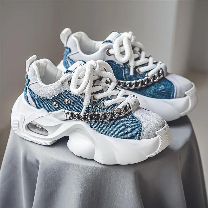 Спортивные кроссовки для мужчин на платформе, повседневные, модные, с металлической цепочкой, удобные, со шнуровкой, мужские кроссовки для бега