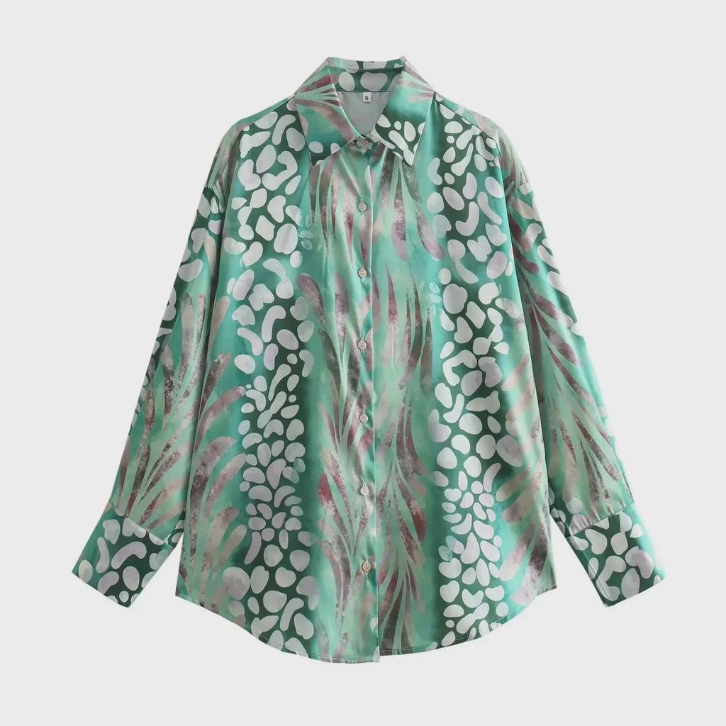 2024 Spring European & American Women's Silk Satin Print Shirt & Midi Skirt Set