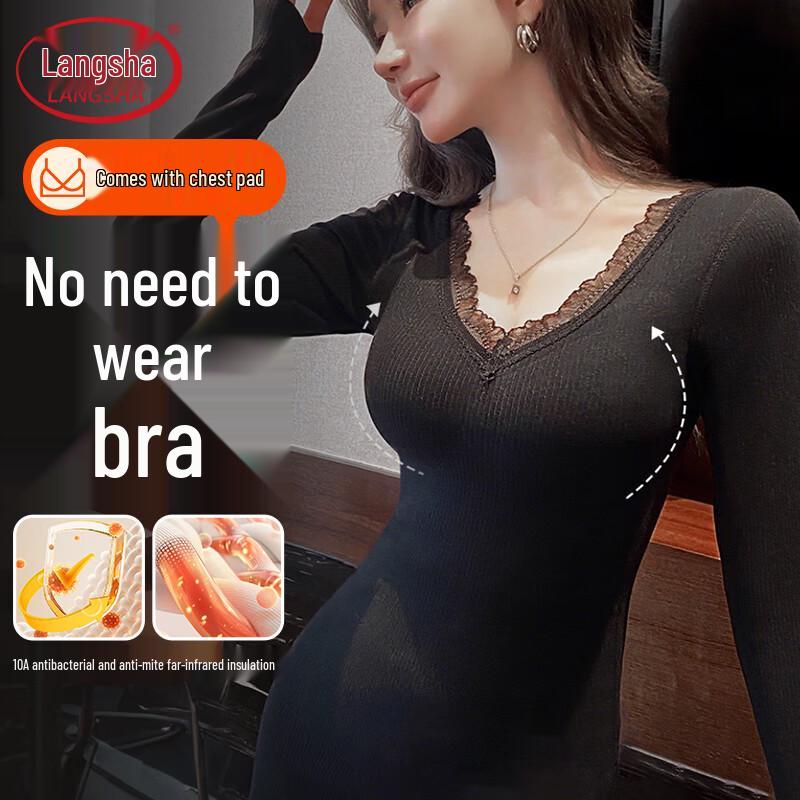 LANGSHA Женский термотоп с V-образным вырезом, бесшовный, базовый слой, со встроенным бюстгальтером
