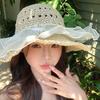 Breathable Lace Pearls Sun Cap Portable Big Brimmed Woven Cap Sweet Straw Weaving Beach Hat  Spring