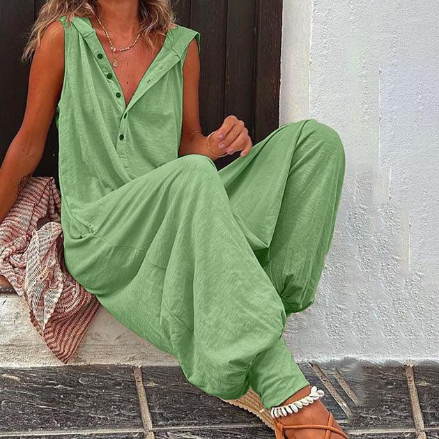 Винтажный комбинезон на пуговицах, летний женский повседневный пляжный комбинезон с перекрестными брюками, модный свободный однотонный комбинезон без рукавов с капюшоном, уличная одежда