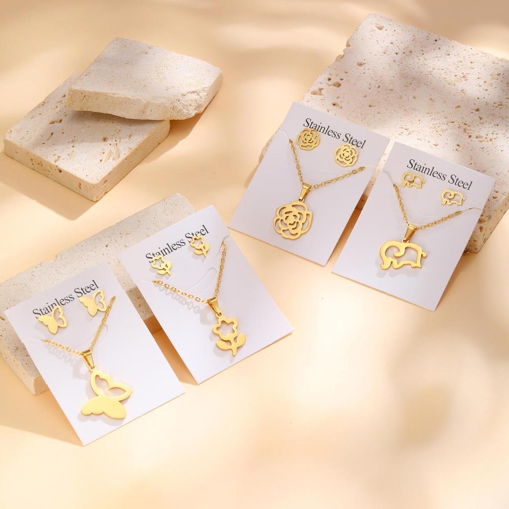 High Quality Stainless Steel Elephant Butterfly Flower Pendant Necklace Stud Earrings Luxury Party Jewelry Set for Women Gift