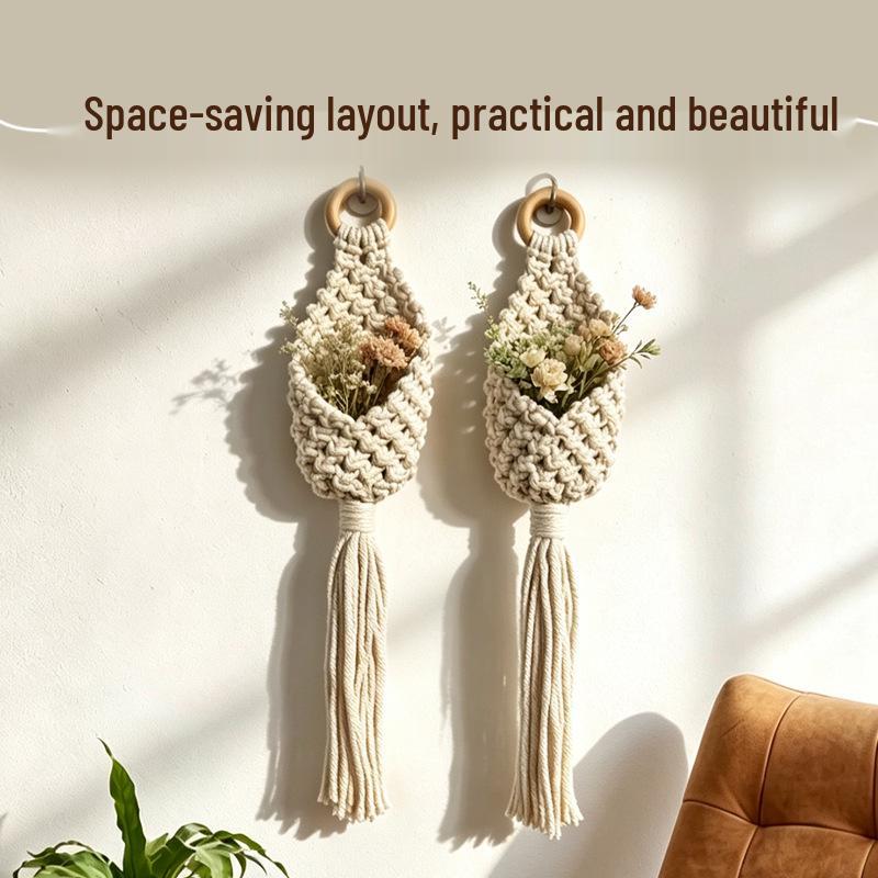 Cotton Rope Woven Hanging Basket with Wood Ring and Tassels for Plants