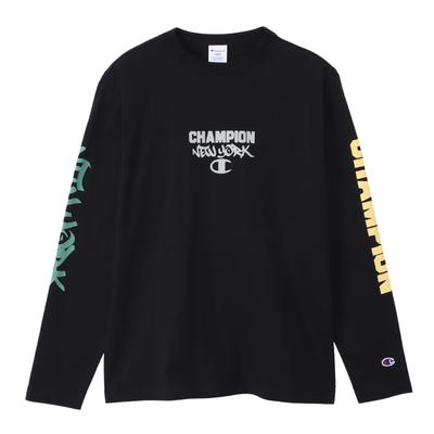 Мужская футболка с длинным рукавом Champion с графическим логотипом, базовая, C3-Z411, черная, 100% хлопок, вырез горловины,